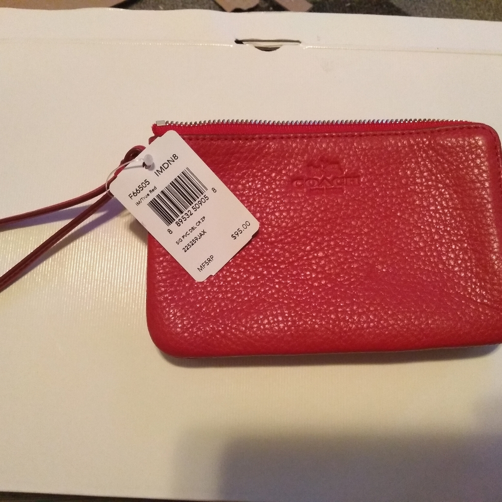 Coach True Red Pebble Leather Double Zip Wristlet